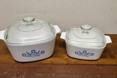 Sale Photo Thumbnail #231: Clear glass covered casserole dishes featuring the iconic "Blue Cornflower" pattern. 1.5 liter and 3 liter sizes.  Very good condition.