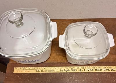 Sale Photo Thumbnail #229: Clear glass covered casserole dishes featuring the iconic "Blue Cornflower" pattern. 1.5 liter and 3 liter sizes.  Very good condition.