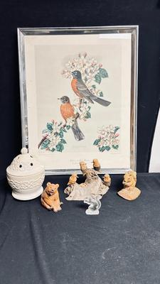 UNIQUE HANDD CARVED BIRDS, CERAMIC SQUIRREL, BEAR. GLASS SQUIRREL, AND ROBIN PICTURE