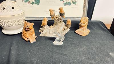 UNIQUE HANDD CARVED BIRDS, CERAMIC SQUIRREL, BEAR. GLASS SQUIRREL, AND ROBIN PICTURE