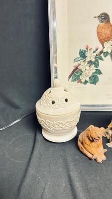 UNIQUE HANDD CARVED BIRDS, CERAMIC SQUIRREL, BEAR. GLASS SQUIRREL, AND ROBIN PICTURE