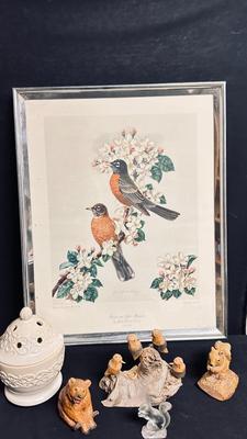 UNIQUE HANDD CARVED BIRDS, CERAMIC SQUIRREL, BEAR. GLASS SQUIRREL, AND ROBIN PICTURE