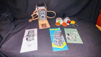 VERY OLD ROLLEICORD CAMERA AND ACCESSORIES