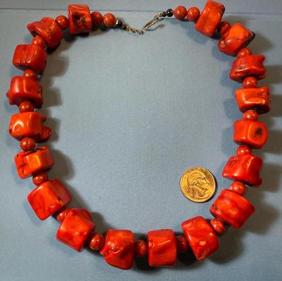 Vintage Preowned Large Chunky Nugget Red Coral Bead Necklace 20" w/Spacers in Good Condition as Pictured.