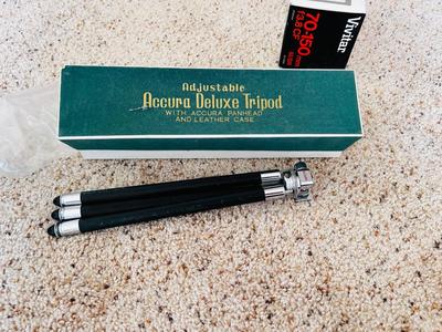 VTG ACCURA DELUXE TRIPOD AND SEVERAL VIVTAR AND OTHER CAMERA EXTRAS