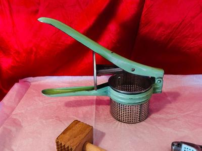 1940’s/1950’ POTATO RICER, GARLIC PRESS, ENAMELED PAN ANTIQUE BLUE BALL CANNING JARS, WODDEN COOKING UTENSILS