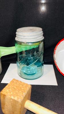 1940’s/1950’ POTATO RICER, GARLIC PRESS, ENAMELED PAN ANTIQUE BLUE BALL CANNING JARS, WODDEN COOKING UTENSILS