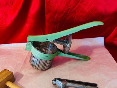 1940’s/1950’ POTATO RICER, GARLIC PRESS, ENAMELED PAN ANTIQUE BLUE BALL CANNING JARS, WODDEN COOKING UTENSILS