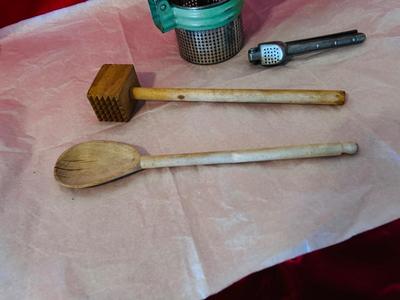 1940’s/1950’ POTATO RICER, GARLIC PRESS, ENAMELED PAN ANTIQUE BLUE BALL CANNING JARS, WODDEN COOKING UTENSILS