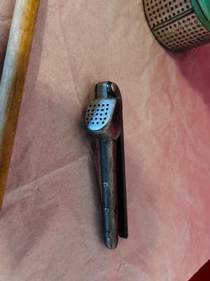 1940’s/1950’ POTATO RICER, GARLIC PRESS, ENAMELED PAN ANTIQUE BLUE BALL CANNING JARS, WODDEN COOKING UTENSILS