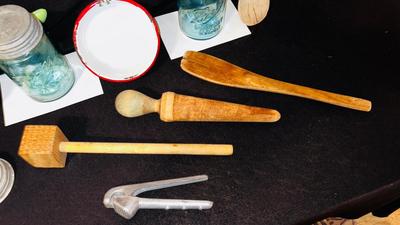 1940’s/1950’ POTATO RICER, GARLIC PRESS, ENAMELED PAN ANTIQUE BLUE BALL CANNING JARS, WODDEN COOKING UTENSILS