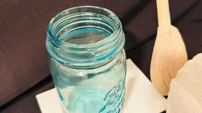1940’s/1950’ POTATO RICER, GARLIC PRESS, ENAMELED PAN ANTIQUE BLUE BALL CANNING JARS, WODDEN COOKING UTENSILS