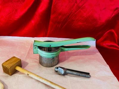 1940’s/1950’ POTATO RICER, GARLIC PRESS, ENAMELED PAN ANTIQUE BLUE BALL CANNING JARS, WODDEN COOKING UTENSILS