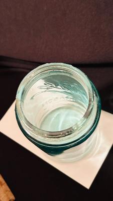 1940’s/1950’ POTATO RICER, GARLIC PRESS, ENAMELED PAN ANTIQUE BLUE BALL CANNING JARS, WODDEN COOKING UTENSILS