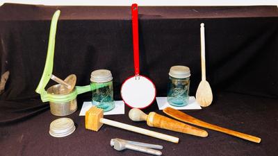 1940’s/1950’ POTATO RICER, GARLIC PRESS, ENAMELED PAN ANTIQUE BLUE BALL CANNING JARS, WODDEN COOKING UTENSILS