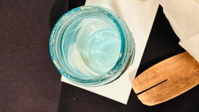 1940’s/1950’ POTATO RICER, GARLIC PRESS, ENAMELED PAN ANTIQUE BLUE BALL CANNING JARS, WODDEN COOKING UTENSILS