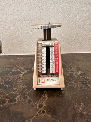 VINTAGE BALANCE MEASURING SPOON AND PELOUZE PETITE MODEL P-1 POSTAGE SCALE