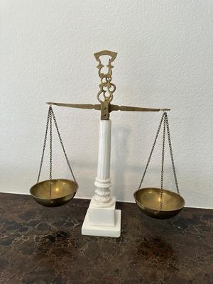 VINTAGE BRASS AND ALABASTER APOTHECARY SCALE “SCALES OF JUSTICE”
