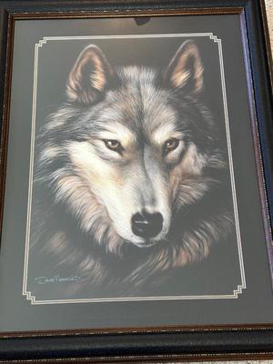 LARGE DAVE MERRICK “INDIGO” WOLF PICTURE WITH A BEAUTIFUL FRAME