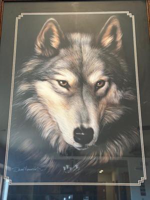 LARGE DAVE MERRICK “INDIGO” WOLF PICTURE WITH A BEAUTIFUL FRAME