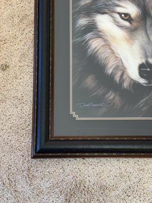 LARGE DAVE MERRICK “INDIGO” WOLF PICTURE WITH A BEAUTIFUL FRAME