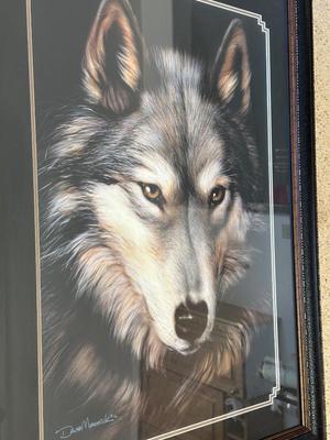 LARGE DAVE MERRICK “INDIGO” WOLF PICTURE WITH A BEAUTIFUL FRAME