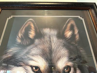 LARGE DAVE MERRICK “INDIGO” WOLF PICTURE WITH A BEAUTIFUL FRAME