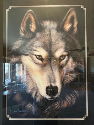 LARGE DAVE MERRICK “INDIGO” WOLF PICTURE WITH A BEAUTIFUL FRAME