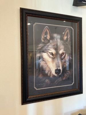 LARGE DAVE MERRICK “INDIGO” WOLF PICTURE WITH A BEAUTIFUL FRAME