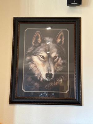 LARGE DAVE MERRICK “INDIGO” WOLF PICTURE WITH A BEAUTIFUL FRAME