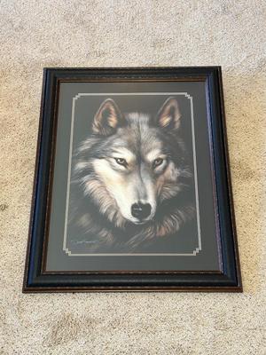 LARGE DAVE MERRICK “INDIGO” WOLF PICTURE WITH A BEAUTIFUL FRAME