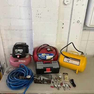 944 Central Pneumatic Three Gallon AIr Compressor With Air Tanks And Hose