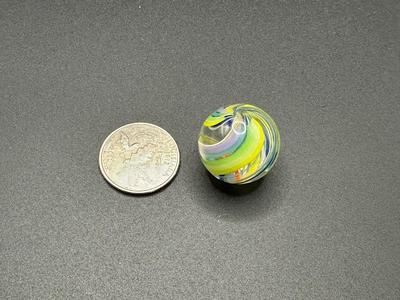 COLORFUL LATTICINIO SWIRL CORE MARBLE WITH A CAGE OF BRIGHT MULTICOLORED RIBBONS