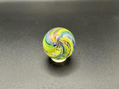 COLORFUL LATTICINIO SWIRL CORE MARBLE WITH A CAGE OF BRIGHT MULTICOLORED RIBBONS