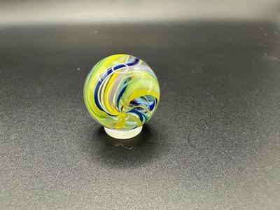 COLORFUL LATTICINIO SWIRL CORE MARBLE WITH A CAGE OF BRIGHT MULTICOLORED RIBBONS