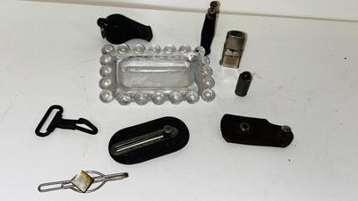 VINTAGE LIGHTERS, ASHTRAY, WHISTLE, TIE CLIP AND OTHER SMALL ITEMS