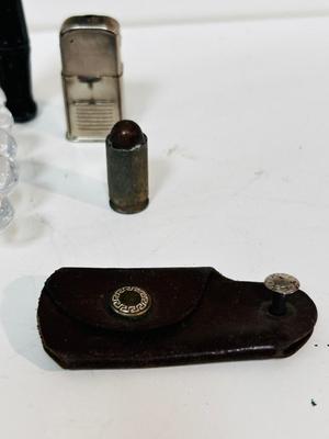 VINTAGE LIGHTERS, ASHTRAY, WHISTLE, TIE CLIP AND OTHER SMALL ITEMS