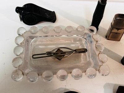 VINTAGE LIGHTERS, ASHTRAY, WHISTLE, TIE CLIP AND OTHER SMALL ITEMS