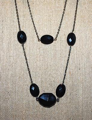 WRAP-AROUND Flattened Beveled BLACK BEADS NECKLACE with Silver Tone Necklace Chain 40" L