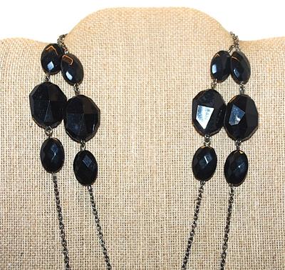 WRAP-AROUND Flattened Beveled BLACK BEADS NECKLACE with Silver Tone Necklace Chain 40" L