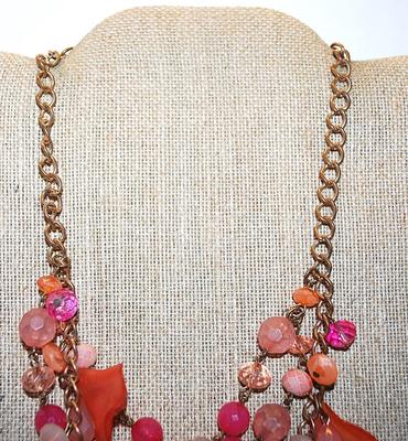Very RED "Chips & Beads" NECKLACE with Double Strand Brass-Tone Necklace Chain and Lobster Clasp 17" L