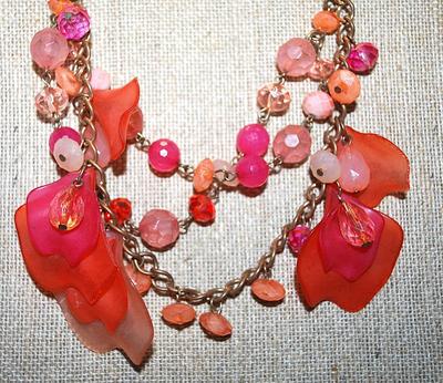 Very RED "Chips & Beads" NECKLACE with Double Strand Brass-Tone Necklace Chain and Lobster Clasp 17" L