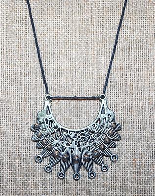 Silver Tone PENDANT/NECKLACE Combo in Crescent Shape and a Black Rope Cord 30" L