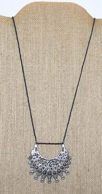 Silver Tone PENDANT/NECKLACE Combo in Crescent Shape and a Black Rope Cord 30" L
