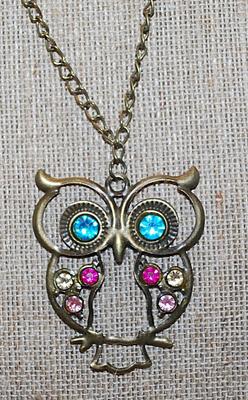 Vintage-Style Bejeweled OWL PENDANT/NECKLACE Combo with Brass-Tone Necklace Chain 24" L