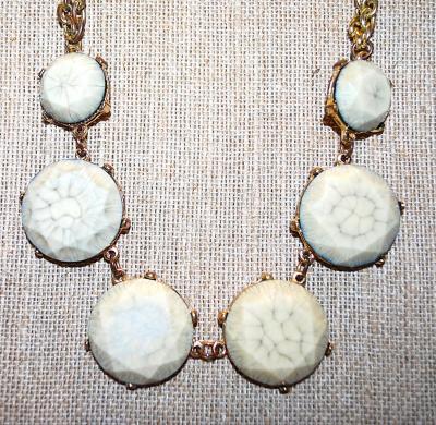 "MARBLE-STYLE" NECKLACE with 6 Beveled Cut Marble Circles on a Double Strand Gold Tone Chain and Lobster Clasp 18" L