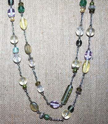 Long WRAP-AROUND NECKLACE with Purple, Green Yellow and Gray Beads in Assorted Shapes and a Lobster Clasp 54" L
