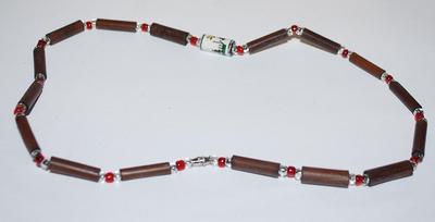 Brown "Tube Beads" NECKLACE with Clear & Red Spacer Beads and a Flowered Enamel Accent 15" L