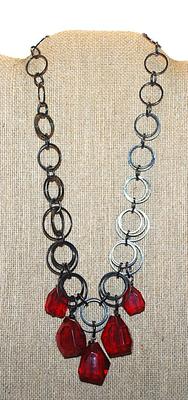 Black Rings NECKLACE with 5 Chunky Bright RED Beads and Lobster Clasp 20" L