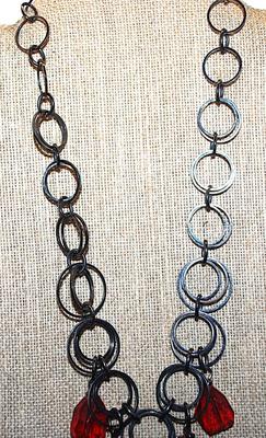 Black Rings NECKLACE with 5 Chunky Bright RED Beads and Lobster Clasp 20" L